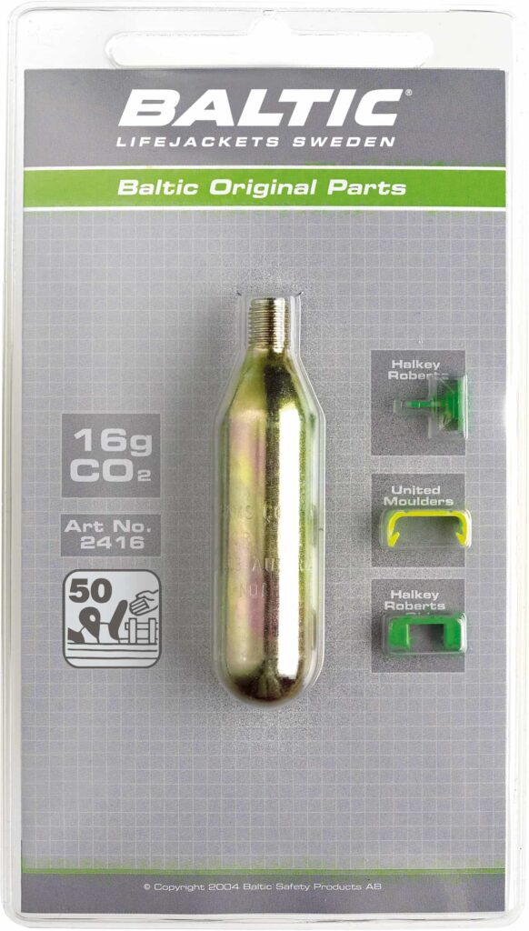 CO₂-Patrone (16 g) für Schwimmwesten mit Zubehörteilen in der Verpackung von Baltic.