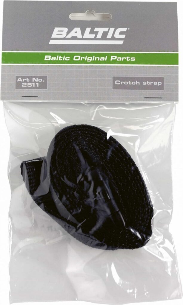 Verpackung mit einem schwarzen Crotch Strap von Baltic, Art. Nr. 2511, in transparenter Folie.