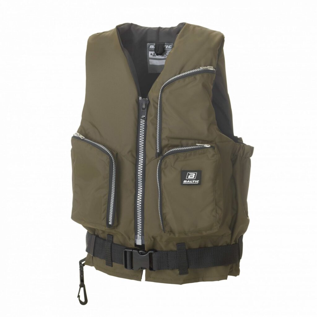 Grüne Schwimmweste mit Reißverschlüssen und mehreren Taschen, ideal für Wassersport und Sicherheit.