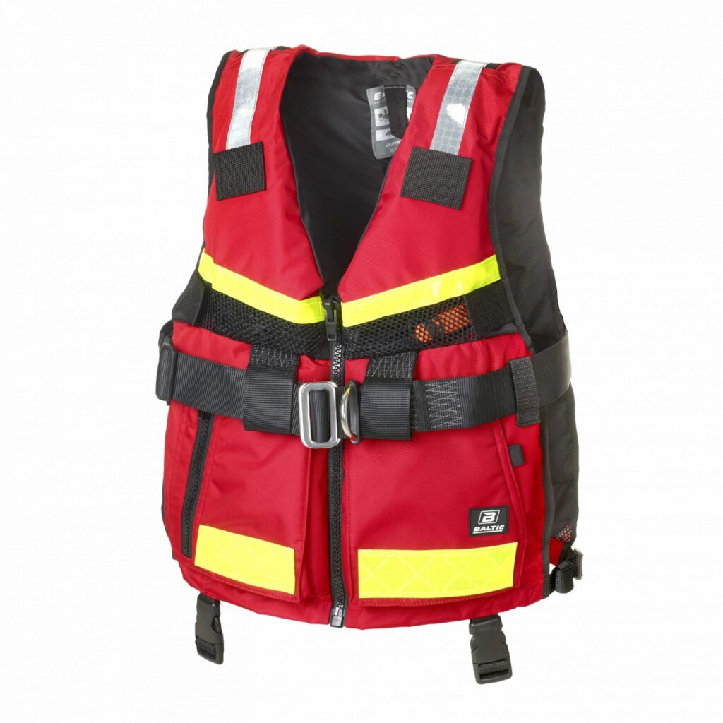 Rote Schwimmweste mit reflektierenden Streifen und schwarzem Netz, ausgestattet mit Gürtel und Schnallen.