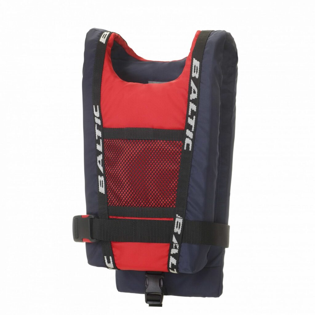 Rettungsweste in rot und blau mit Netzmaterial und verstellbaren Riemen für sicheren Halt.