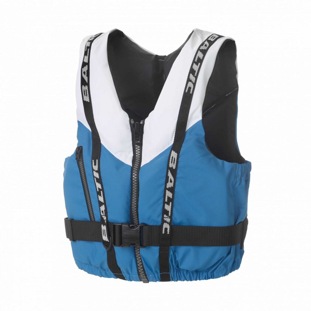 Blau-weiße Schwimmweste mit Reißverschluss und verstellbaren Riemen für Sicherheit im Wasser.