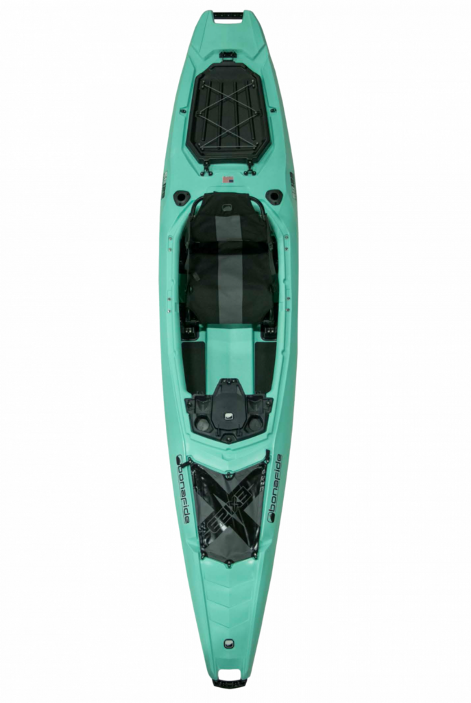Ein türkisfarbenes Kajak von oben, mit Sitz, Stauraum und verarbeiteter Deckfläche.