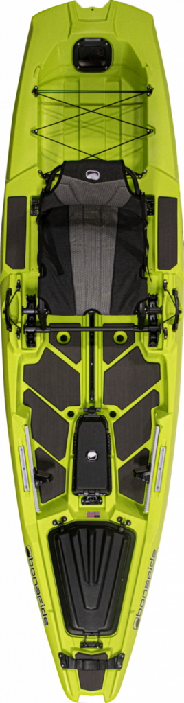 Obenansicht eines hellgrünen Kayaks mit Sitz, Stauraum und rutschfestem Bodenbelag.