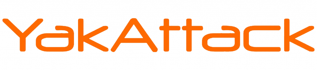 Logo von YakAttack in orangefarbenem Schriftzug auf transparentem Hintergrund.